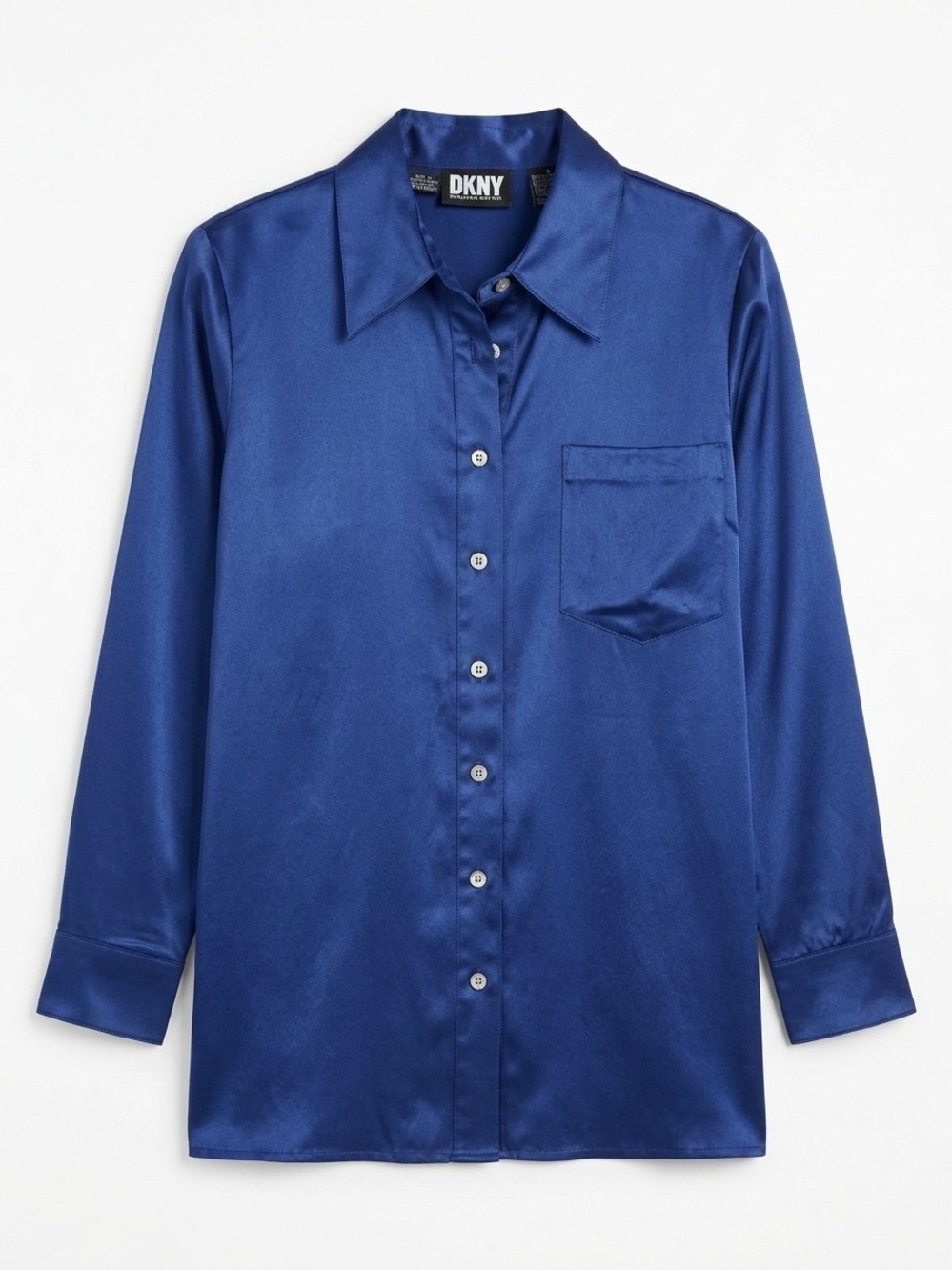 DKNY Stretchable Silk Blue Satin Button-Up Shirt - Women's Size 4